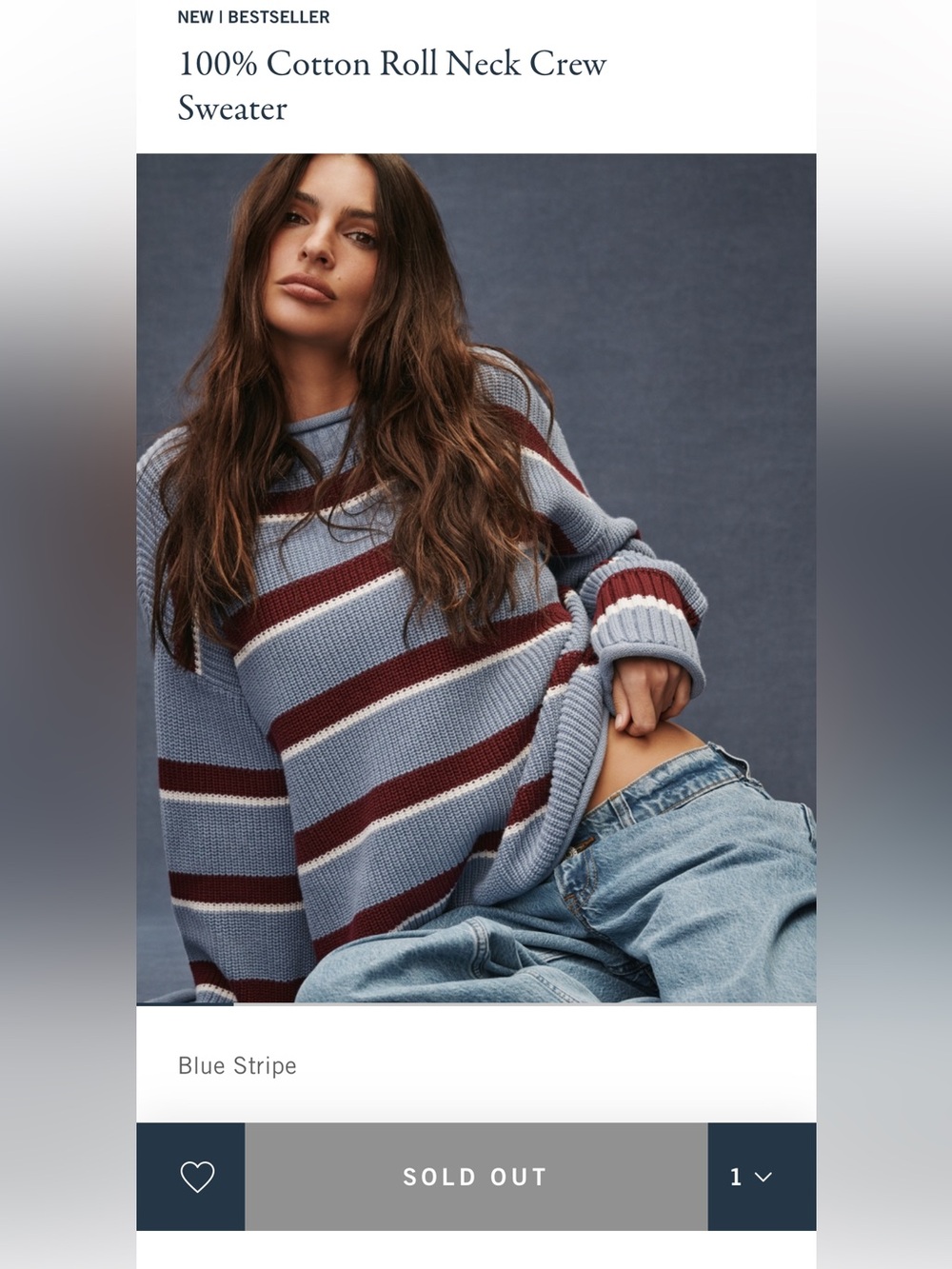 NWT SOLD OUT Abercrombie Roll Neck Crew Sweater Blue Stripe S